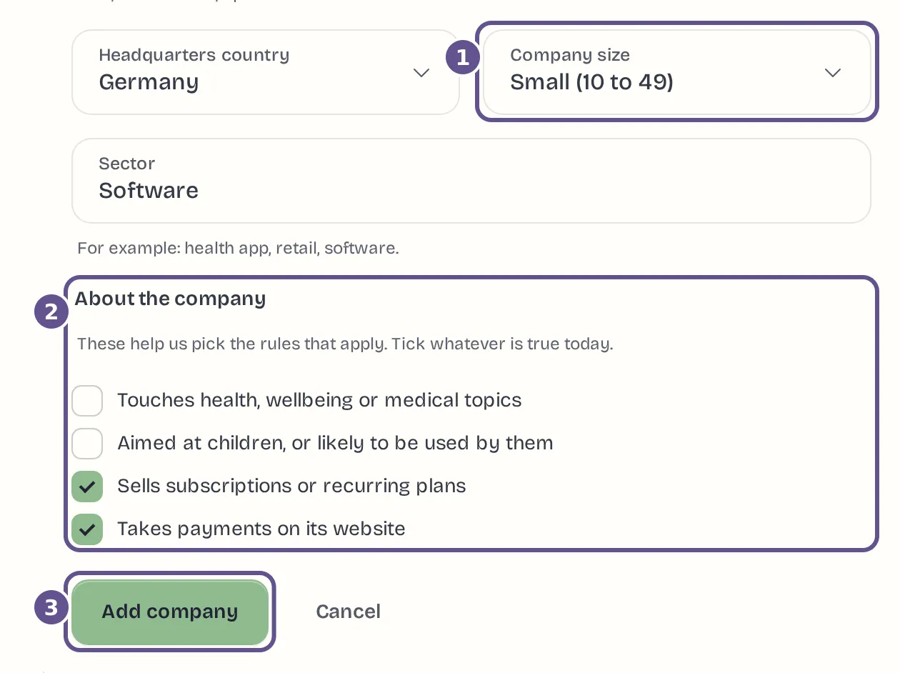 The lower half of the Add a company form: country, size, sector and the About the company ticks.