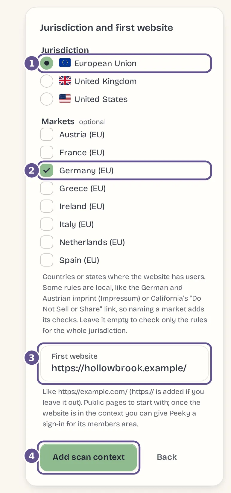 The Add a scan context form with European Union picked, Germany ticked as a market and the main site as the first website.