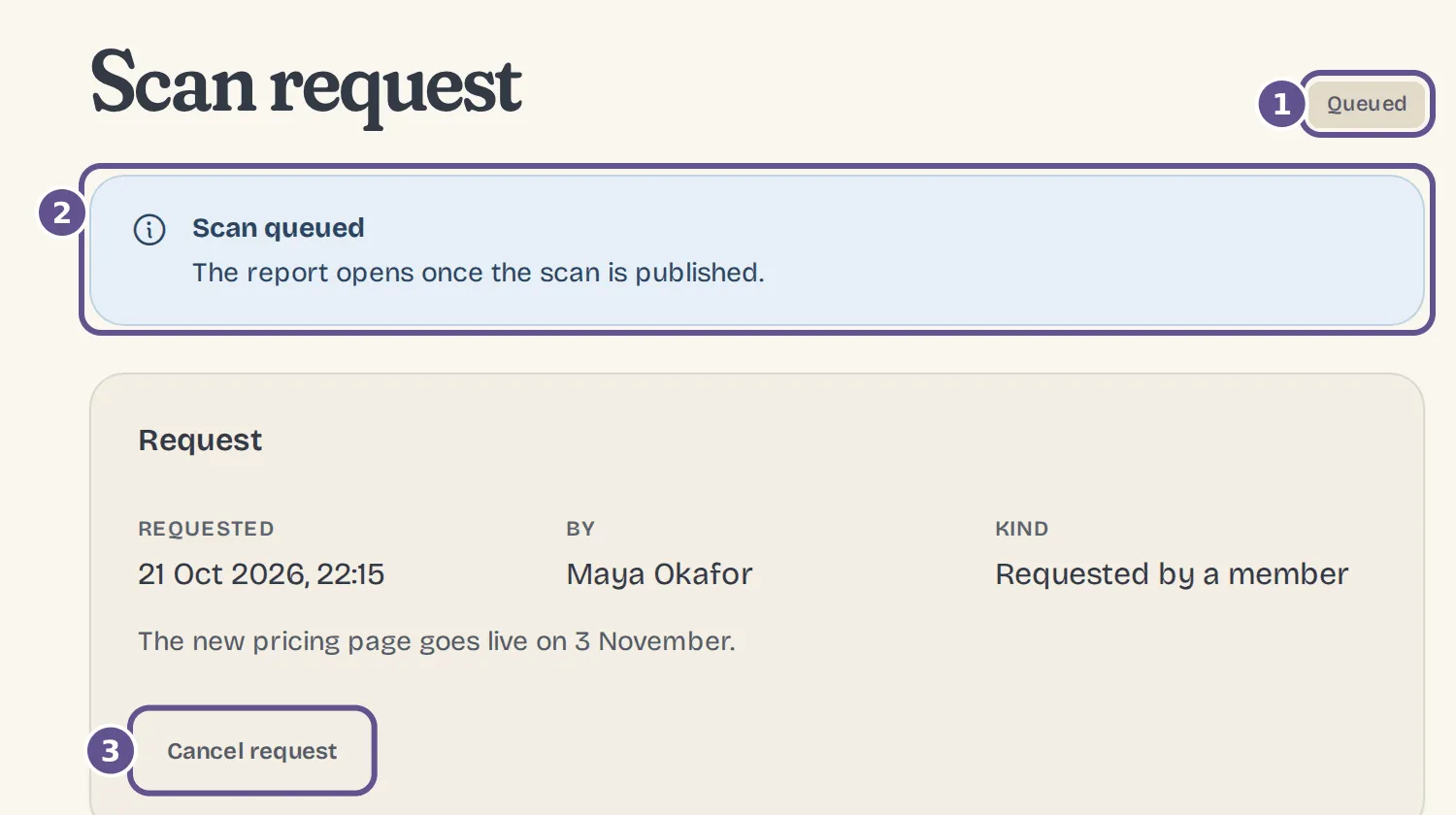 A scan request marked Queued, with the note Scan queued: the report opens once the scan is published.