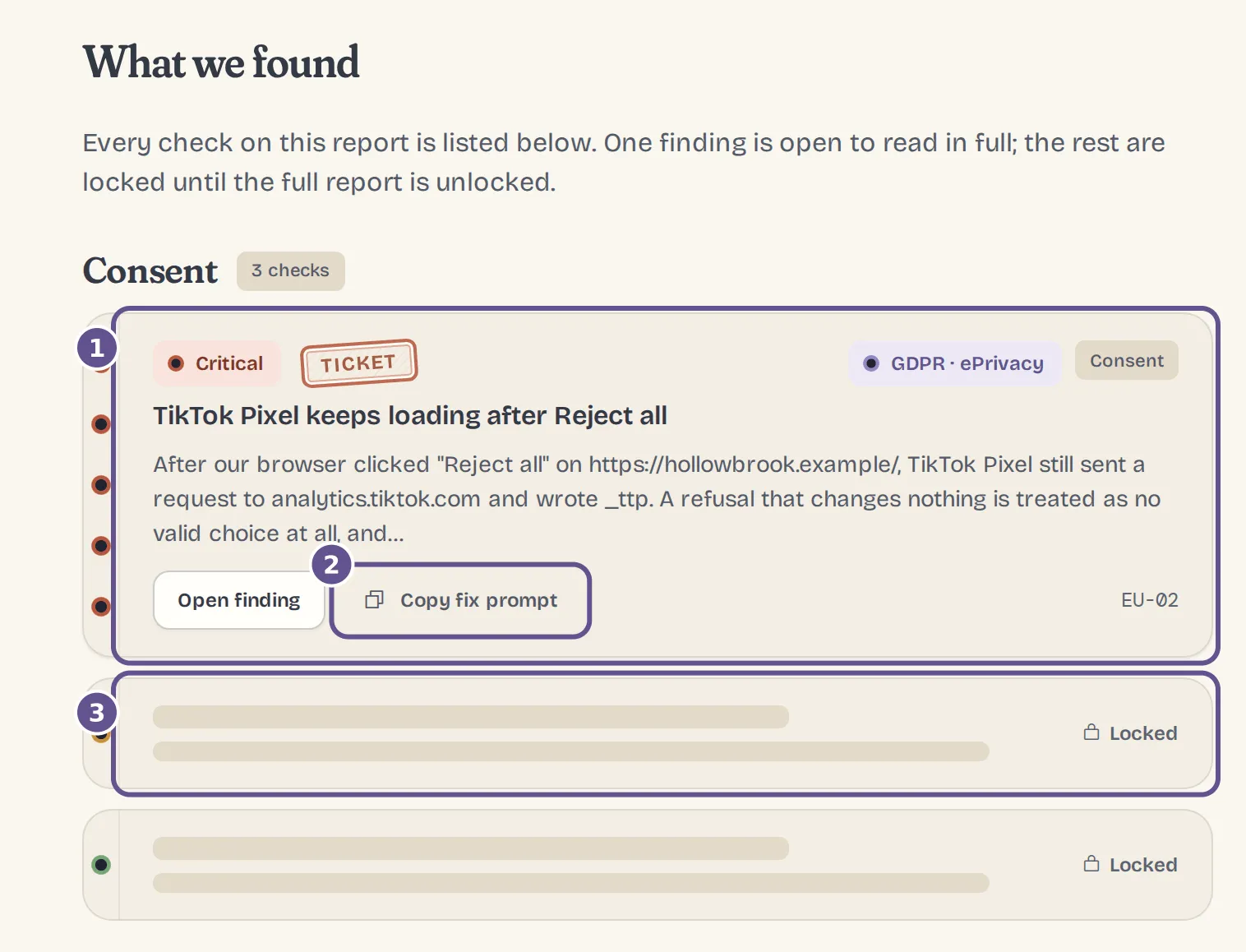 What we found on Trial: a critical consent finding open in full, and locked findings below it.