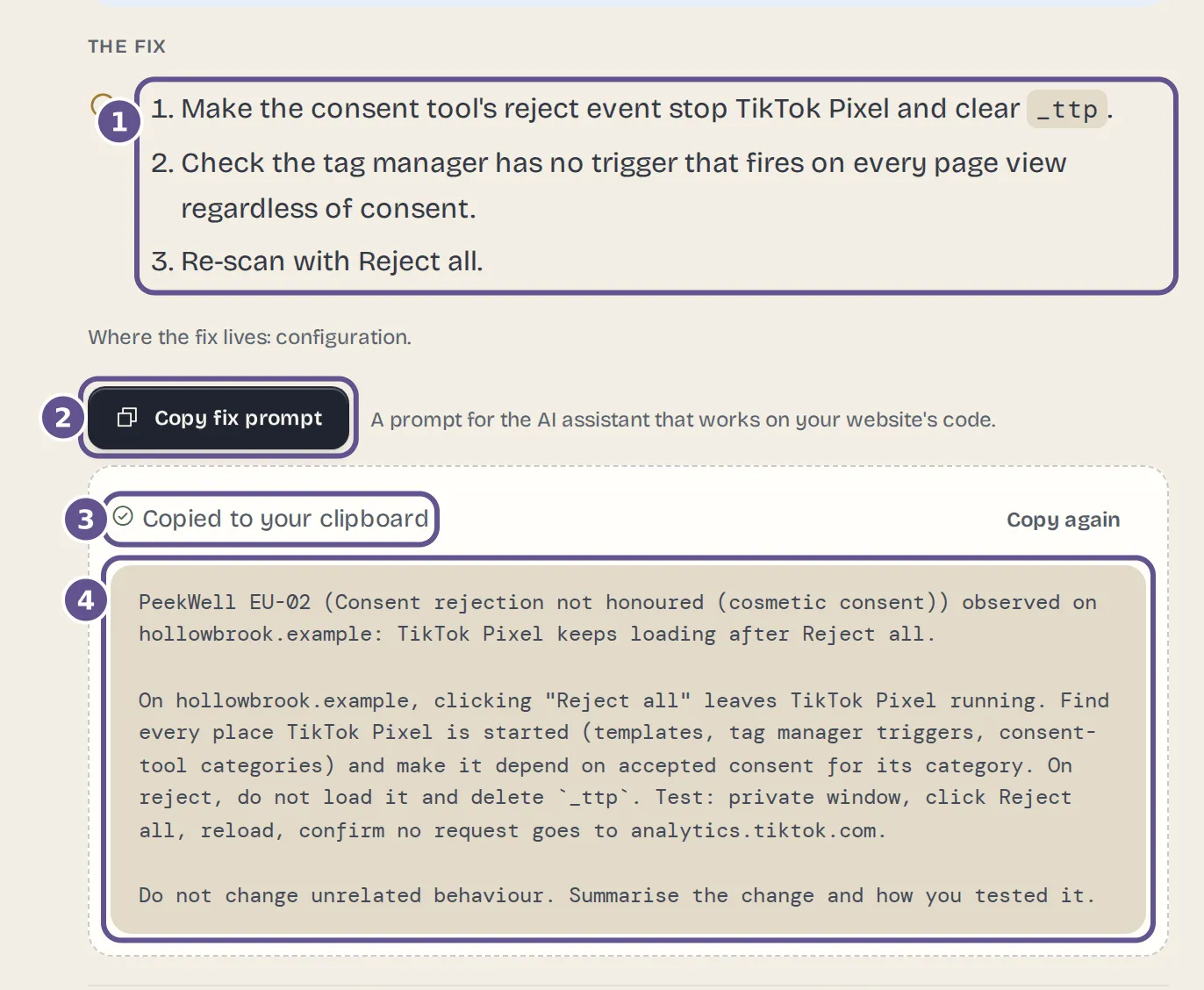 The fix for the TikTok Pixel finding in three steps, the Copy fix prompt button, and the copied prompt below it.