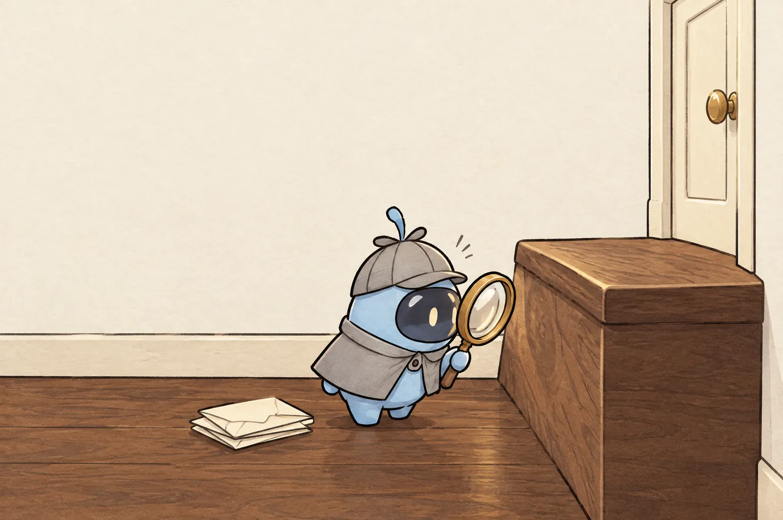 Peeky, a small blue detective in a deerstalker cap, looks up at a single tall wooden step with no ramp leading to a small door. A stack of envelopes sits on the floor beside him.