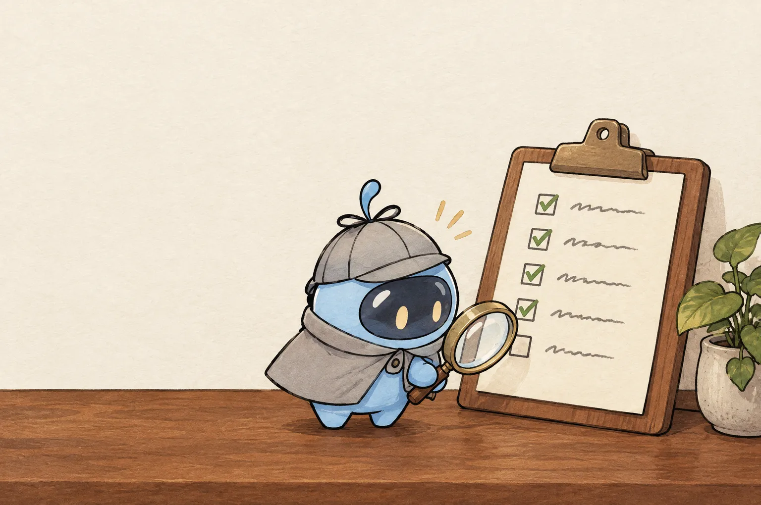 Peeky, a small blue detective in a deerstalker cap, holds his magnifying lens to the one empty box on a clipboard checklist. The other four boxes are ticked.