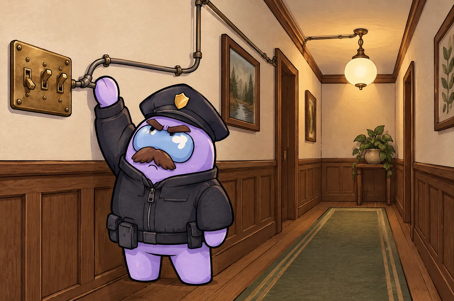 The Officer, a stern lavender police figure in a peaked cap, reaches up to a brass panel of light switches in a panelled hallway. The switches are flipped down, yet a lamp still glows at the far end of the hall, and a pipe on the wall runs from the panel towards it.