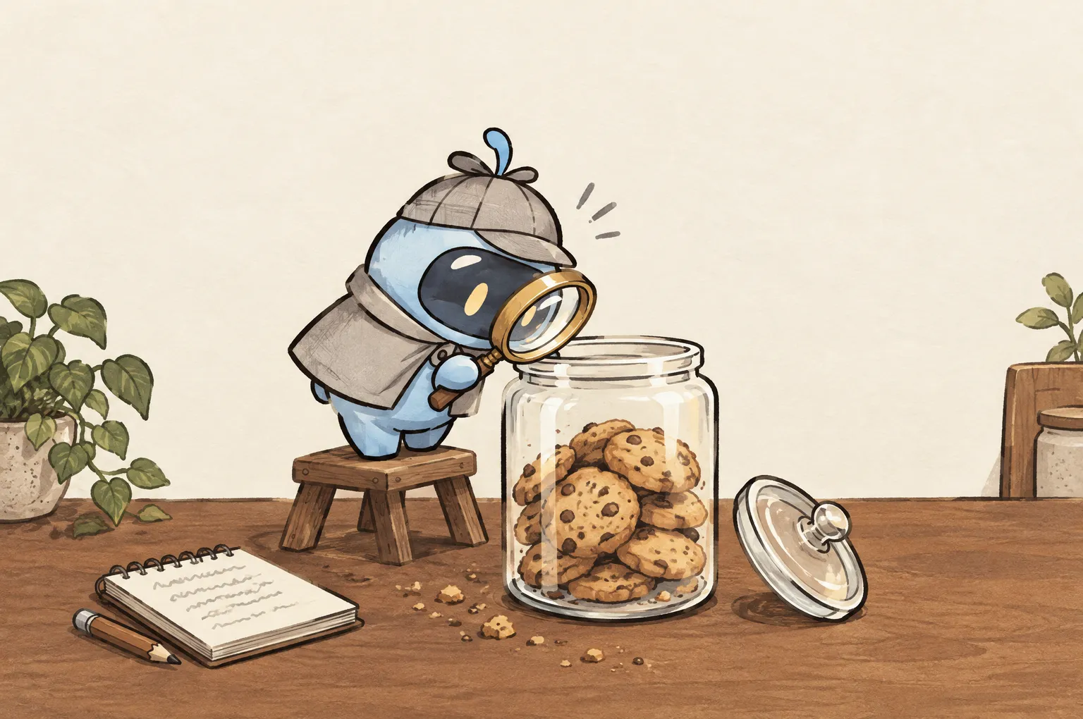 Peeky, a small blue detective in a deerstalker cap, stands on a stool and peers through his magnifying glass into a tall open cookie jar. A few crumbs lead across the counter to an open notepad.