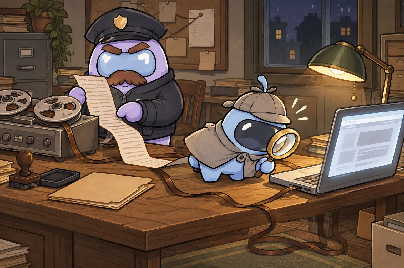 The Officer, a stern lavender police figure in a peaked cap, reads a long paper transcript that curls out of an old reel-to-reel recorder, while Peeky, a small blue detective in a deerstalker cap, follows the tape across the desk with his magnifying glass towards an open laptop.