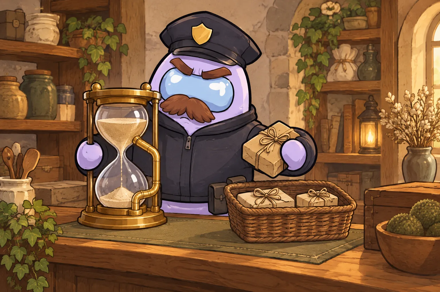 The Officer, a stern lavender police figure in a peaked cap, stands behind a shop counter holding a small wrapped parcel. Beside him is a brass hourglass with a pipe that carries the sand back to the top, and a basket of parcels waits on the counter.