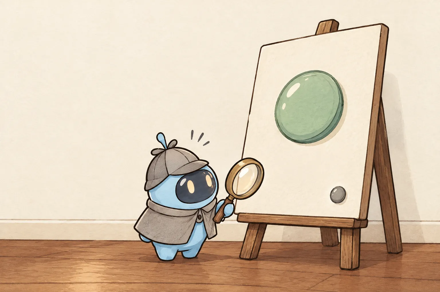 Peeky, a small blue detective in a deerstalker cap, looks up at a signboard showing one big mint button and one tiny grey button in the corner. He holds his magnifying glass up to the tiny one.