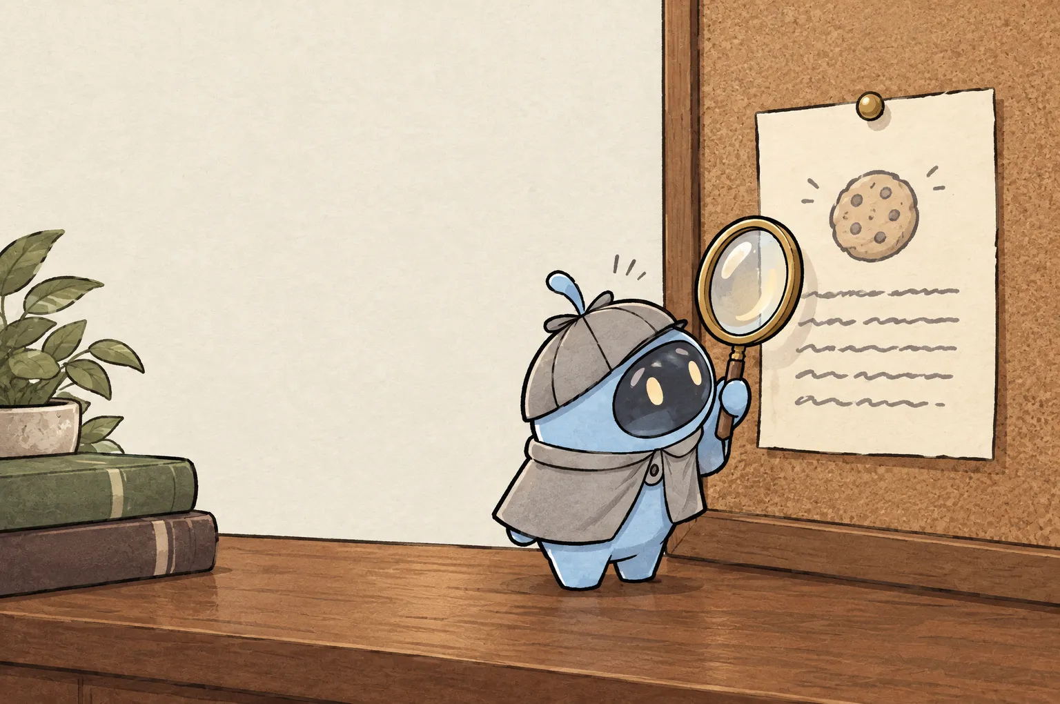 Peeky, a small blue detective in a deerstalker cap, holds his lens up to a cream sheet pinned to a cork board. A small drawing of a cookie sits at the top of the sheet, with rows of scribbled lines below it.