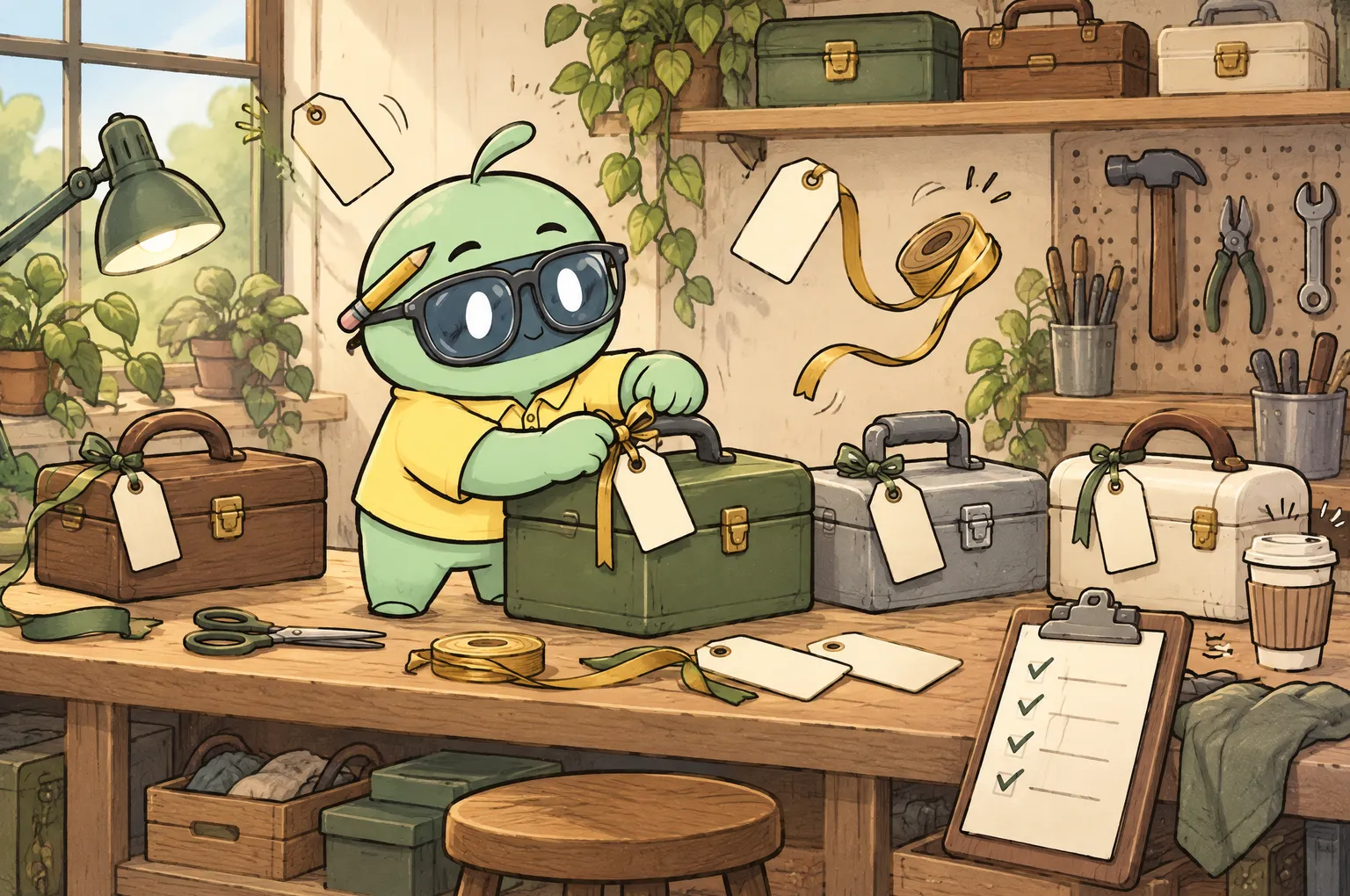 Cheeky, a mint-green founder in a yellow polo shirt and big glasses, ties a blank tag with ribbon onto one of a row of toolboxes on a workbench. More tags and a roll of ribbon fly through the air, and a clipboard with a ticked checklist leans against the bench beside a coffee cup.