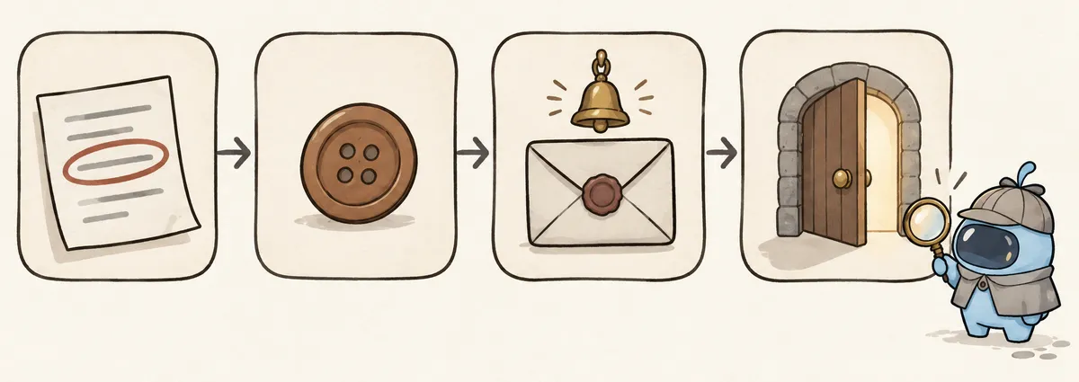 Four cards in a row, left to right: a page with one line circled, a big round button, an envelope with a small bell, and an open door. Peeky, a small blue detective, points at the door.