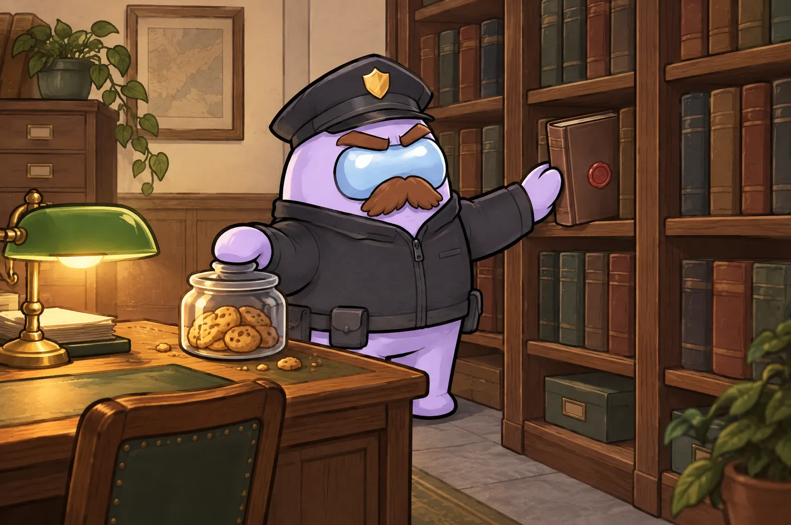 The Officer, a stern lavender police figure in a peaked cap, keeps one mitten on a lidded jar of cookies on his desk and reaches with the other for a red-sealed volume on a tall bookshelf.