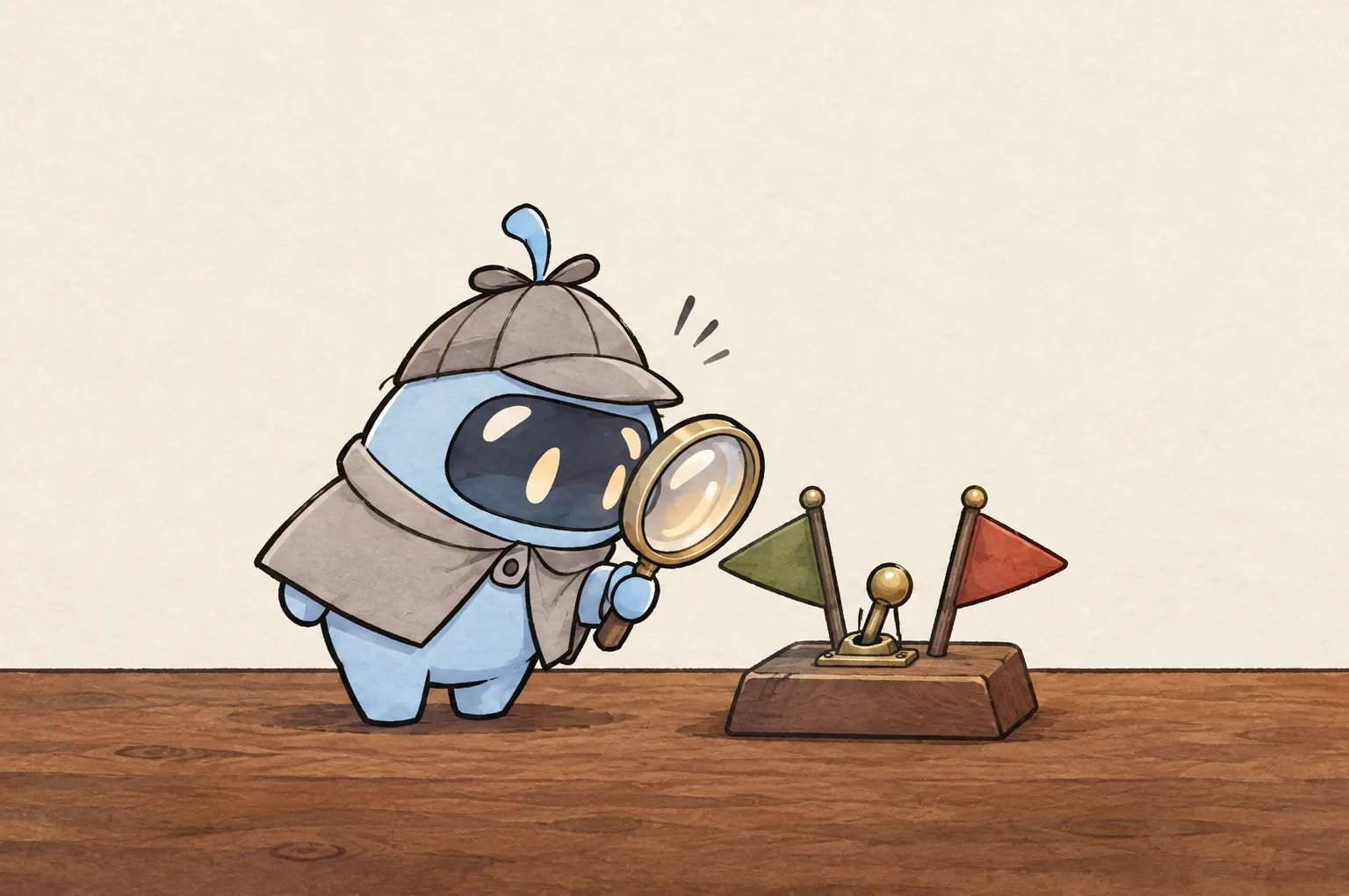 Peeky, a small blue detective in a deerstalker cap, holds his magnifying glass up to a tiny brass lever switch on a small wooden stand. A green flag stands on one side of the switch and a red flag on the other.