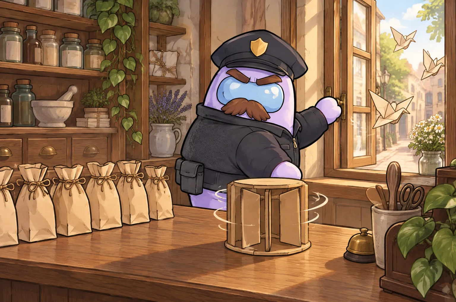 The Officer, a stern lavender police figure in a peaked cap, stands behind a pharmacy counter lined with small paper bags. A little cardboard revolving door spins on the counter, and paper birds fly out of the open window behind him.