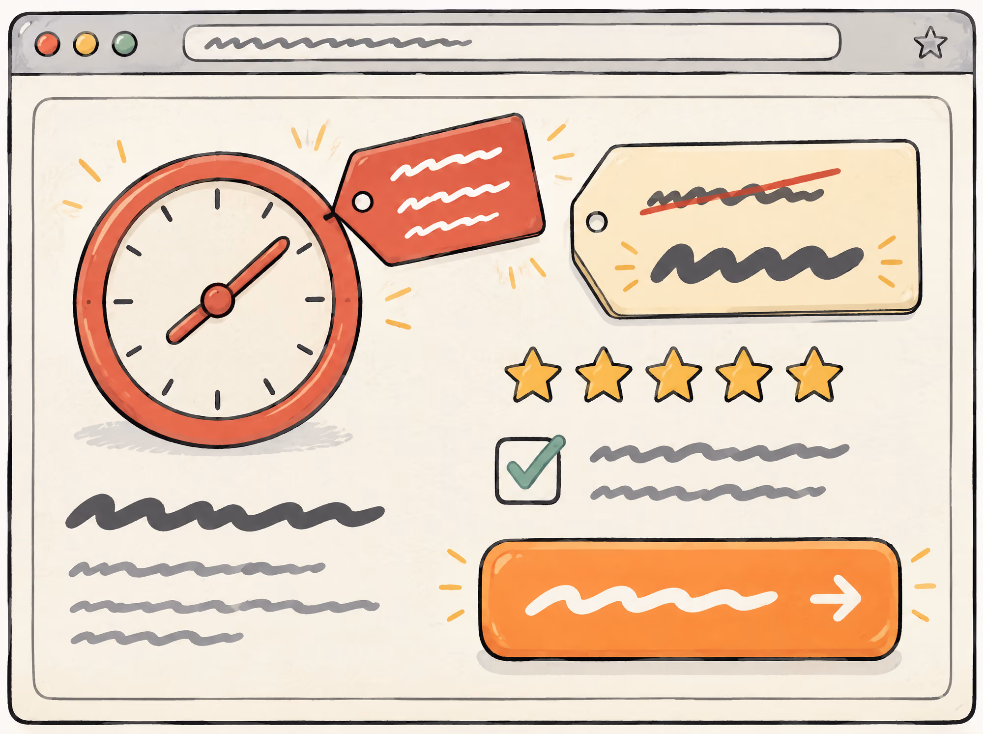 An imaginary checkout page drawn in ink: a red countdown clock, a red price tag, a second tag with a crossed-out price, five gold stars, a pre-ticked box and a large orange button.