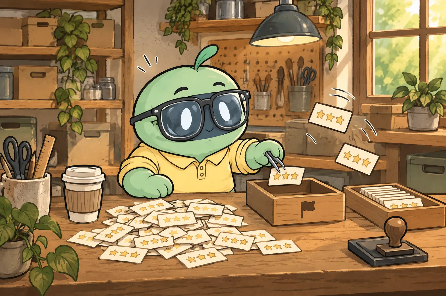 Cheeky, a mint-green founder in a yellow polo shirt and big glasses, sorts a pile of star-rating cards on a workbench with tweezers, dropping one into a wooden tray marked with a small flag. A coffee cup stands beside the pile and more cards fly through the air.