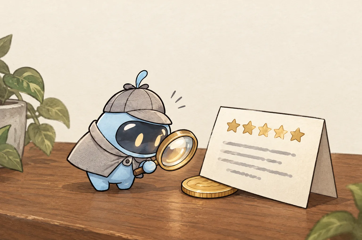 Peeky, a small blue detective in a deerstalker cap, holds his lens to a gold coin slid halfway under a review card with five gold stars.