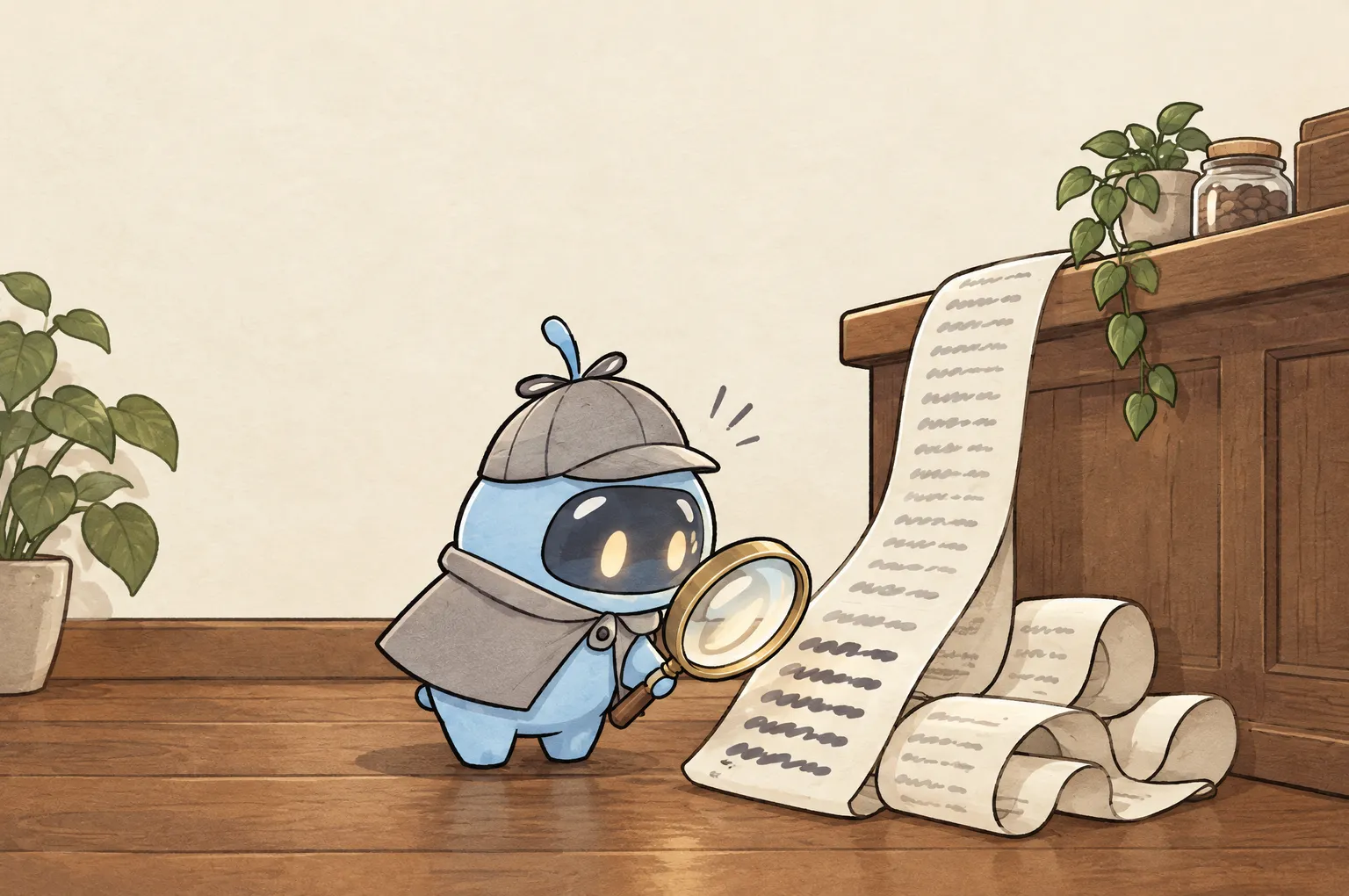 Peeky, a small blue detective in a deerstalker cap, holds his lens to the last rows of a very long receipt that curls off a shop counter and piles on the floor.