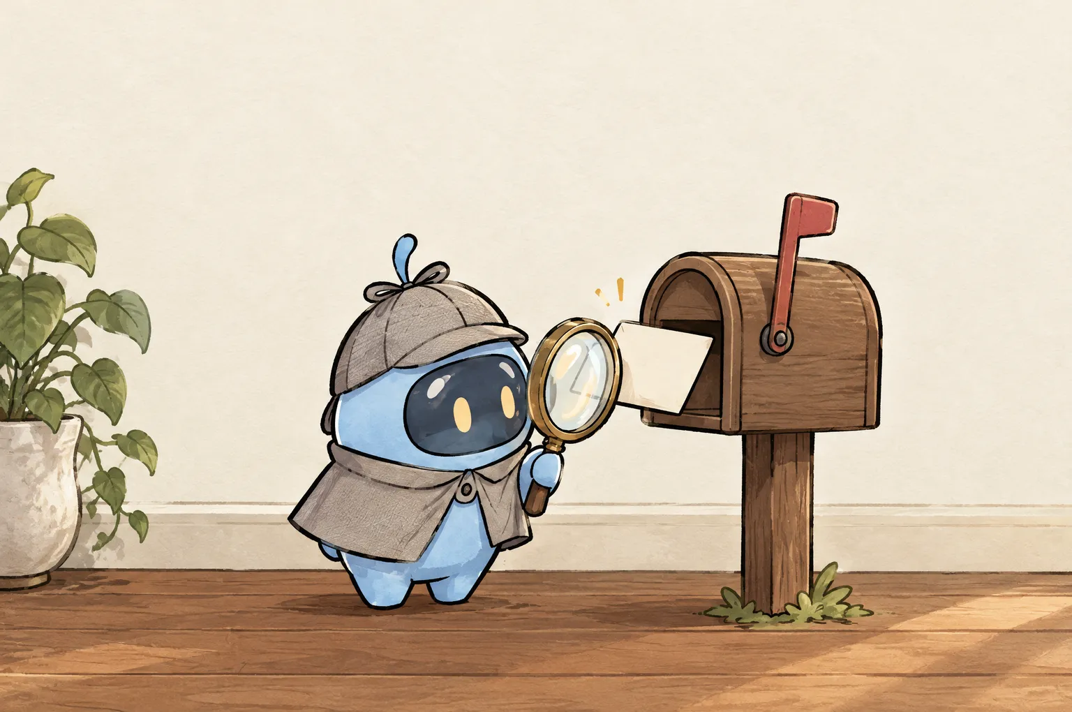 Peeky, a small blue detective in a deerstalker cap, holds his lens up to a blank card sticking out of a wooden mailbox with its red flag raised.