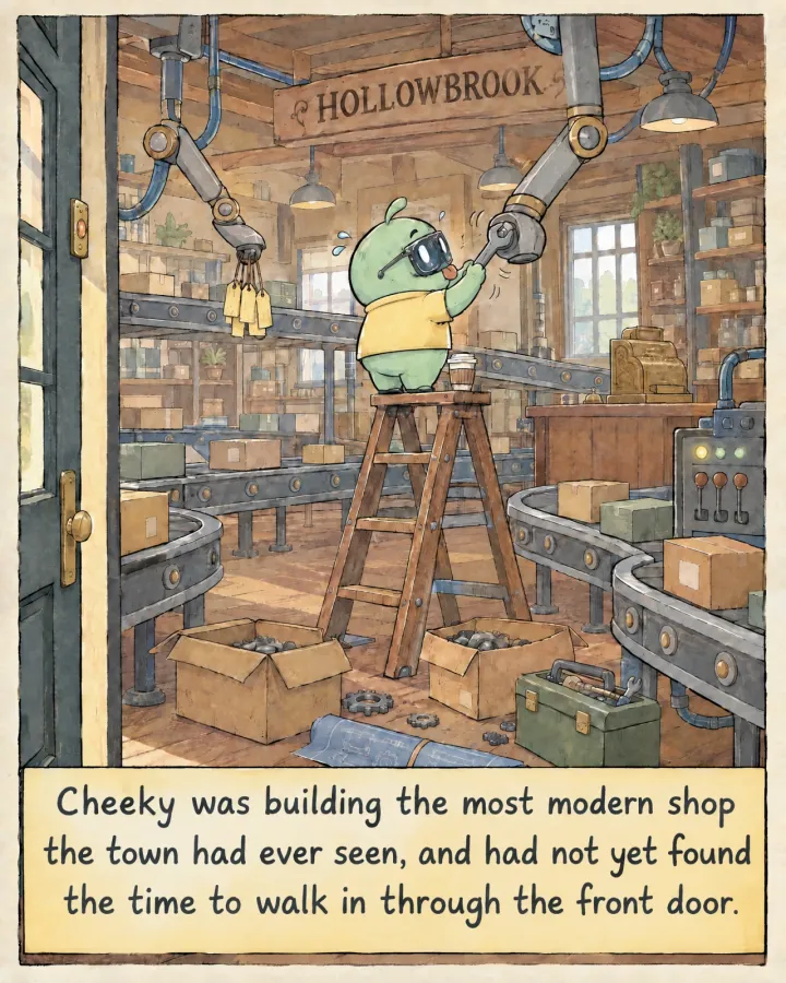 Cheeky stands on a stepladder in a shop full of conveyor belts and robot arms, tightening a bolt with a wrench, back turned to the open front door.