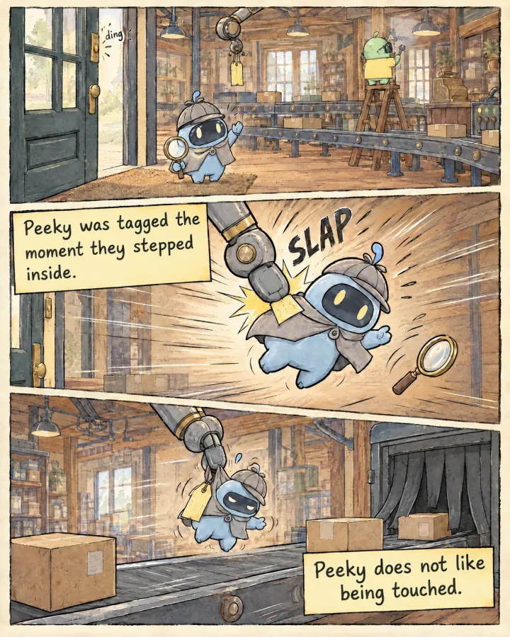 Peeky steps through the shop door and waves. A robot arm slaps a paper tag on Peeky’s back, then another arm drops Peeky onto a conveyor belt.