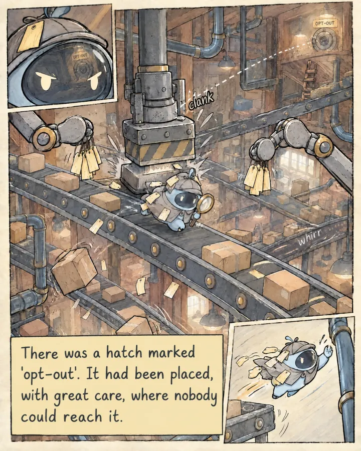 Peeky runs along a conveyor belt covered in paper tags, under a stamping press and between two robot arms. Far above, past a broken ladder, is a small hatch with a sign that reads opt-out. Peeky leaps for a pipe.