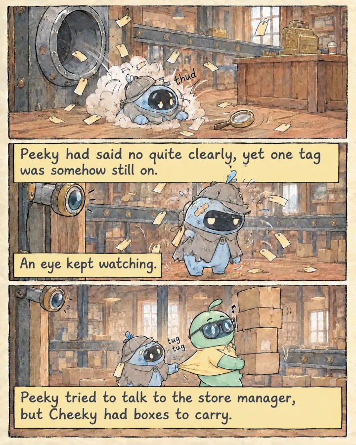 Peeky tumbles out of a chute onto the shop floor, then shakes off the tags, cape torn and a plaster on the head, while a mechanical eye watches. Peeky pulls at Cheeky’s shirt, but Cheeky walks on with a tower of boxes.