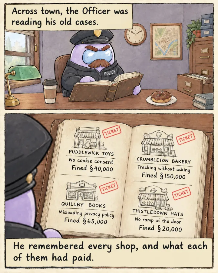 The Officer reads a leather casebook at his desk. Over his shoulder, the open pages list four made-up shops and their fines in Simoleons, written with the § sign. Puddlewick Toys: no cookie consent, fined 40,000. Crumbleton Bakery: tracking without asking, fined 150,000. Quillby Books: misleading privacy policy, fined 65,000. Thistledown Hats: no ramp at the door, fined 20,000.