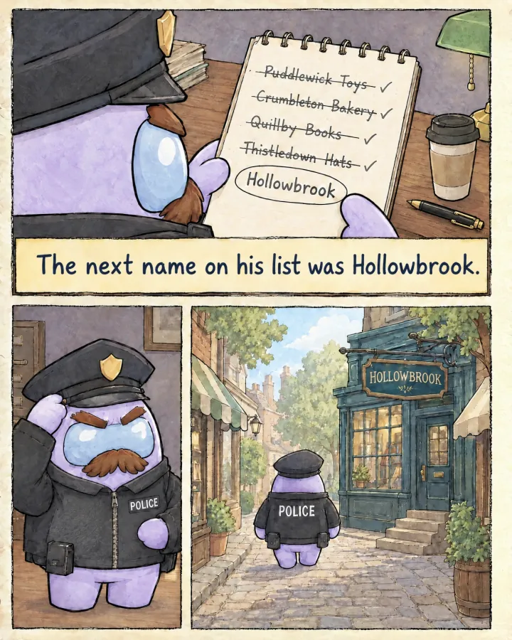 The Officer’s notepad lists the same four shops, each crossed out, and Hollowbrook with a ring around it. He straightens his cap and walks down a cobbled street towards the Hollowbrook shop.