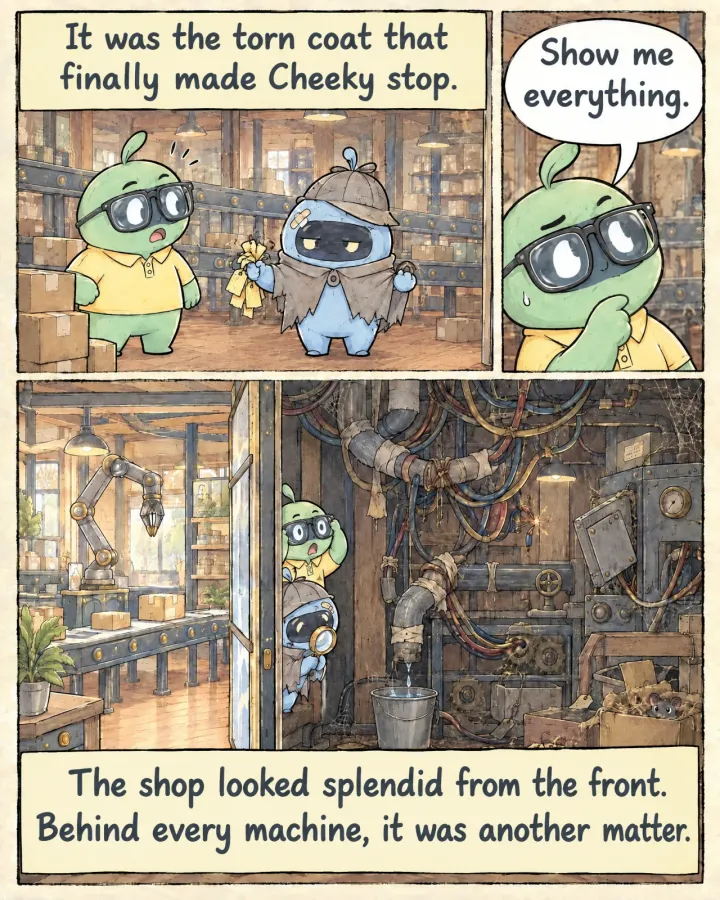 Cheeky turns and sees Peeky holding up a handful of tags and the torn cape. Cheeky thinks it over. A cutaway of the shop shows a tidy front and, behind the machines, tangled wires, taped pipes and a leak dripping into a bucket.