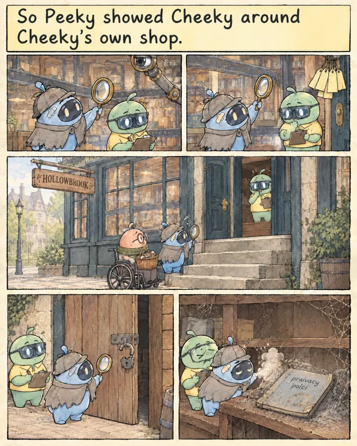 Peeky points things out with the magnifying glass while Cheeky takes notes: the mechanical eye, the arm holding tags, a customer in a wheelchair stopped at the front steps, a broken padlock on the back door, and a dusty notebook with praivacy polci scrawled on its cover.