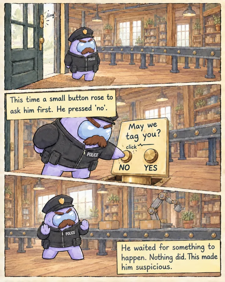 The Officer walks in through the shop door and no arm comes down. A small brass stand rises from the floor with a sign that reads May we tag you? and two buttons. He presses the one marked no, then braces with his hands up while a robot arm waters a plant.
