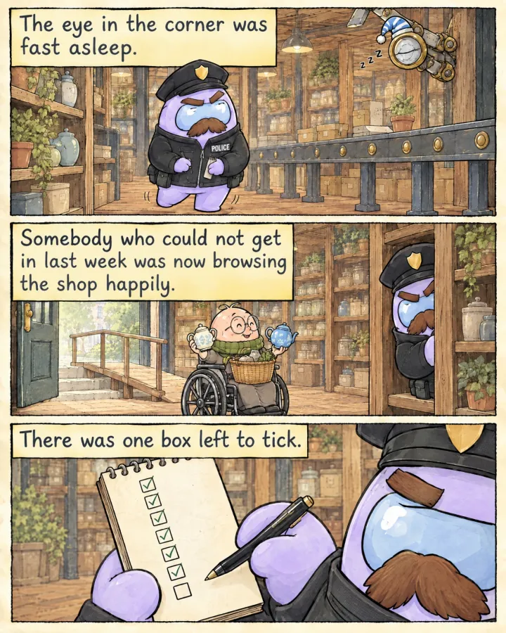 The Officer tiptoes down an aisle past the mechanical eye, which is asleep in a nightcap. The customer in the wheelchair is inside the shop comparing two teapots, with a new ramp at the door behind. The Officer’s notepad shows a column of ticks and one empty box.