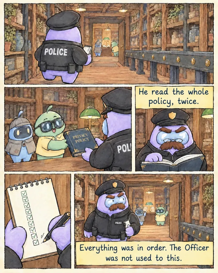 The Officer walks through the shop to the back office. Cheeky hands him a new book titled Privacy Policy while Peeky looks on. He reads it through small glasses, ticks the last box on his notepad and walks out with a sideways glance as Peeky and Cheeky wave.