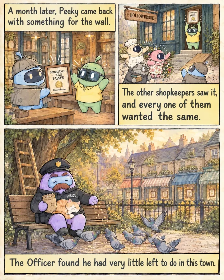 Peeky hands Cheeky a frame that reads Compliance scan passed, Hollowbrook. Cheeky holds it up at the shop door while a baker, a florist and a bookseller rush towards Peeky. In the park, the Officer sits on a bench with a cat on his lap, feeding pigeons, and every shop window behind him has a frame.