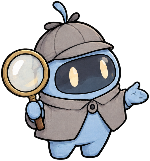 Peeky, magnifying glass in one hand, explaining with the other.