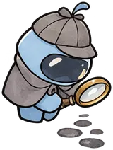 Peeky leaning in with a magnifying glass.