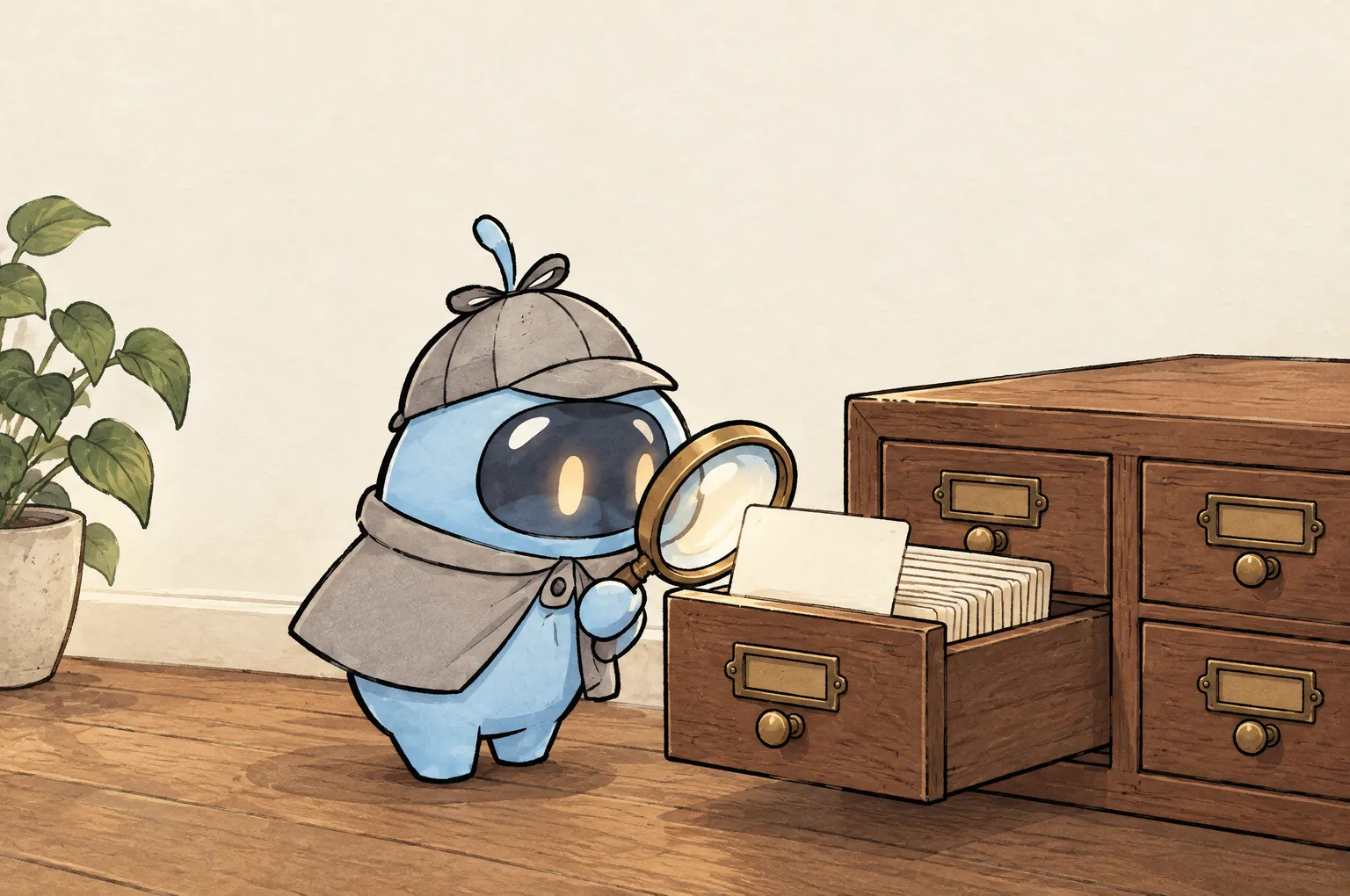Peeky, a small blue detective in a deerstalker cap, holds his magnifying glass to one blank index card lifted from the open drawer of a small wooden card-index cabinet.