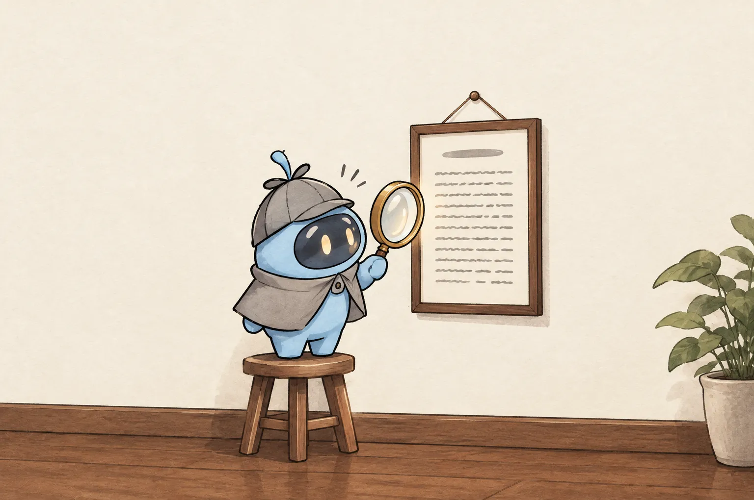 Peeky, a small blue detective in a deerstalker cap, stands on a wooden stool and holds his magnifying lens up to a framed document on the wall. The document has one heading line and rows of scribbled lines beneath it.