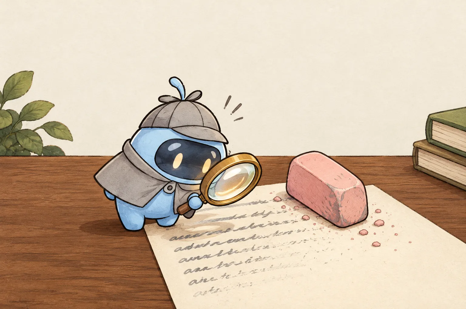 Peeky, a small blue detective in a deerstalker cap, stands beside a sheet of scribbled lines half rubbed out, a big pink eraser resting on it. He holds his magnifying glass to the faded part.