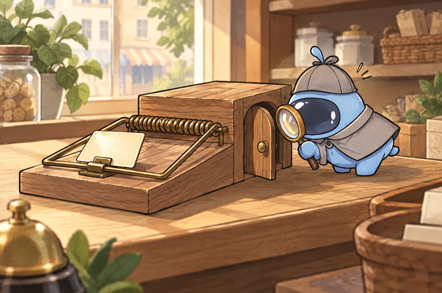 Peeky, a small blue detective in a deerstalker cap, peers through his magnifying glass at a wooden trap on a shop counter. The bait is a blank card, and the trap's box has a small arched exit door at the side.