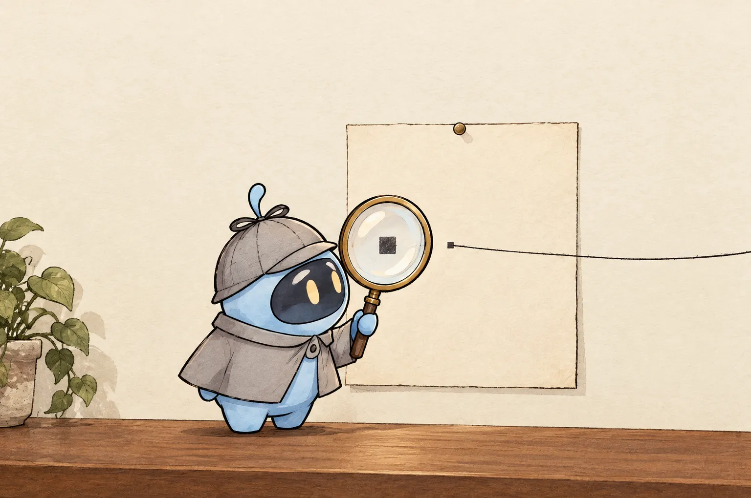 Peeky, a small blue detective in a deerstalker cap, holds his magnifying glass up to a big blank poster on a wall. Under the lens a single tiny dark dot looks large, and a thin thread runs from it off the edge of the picture.