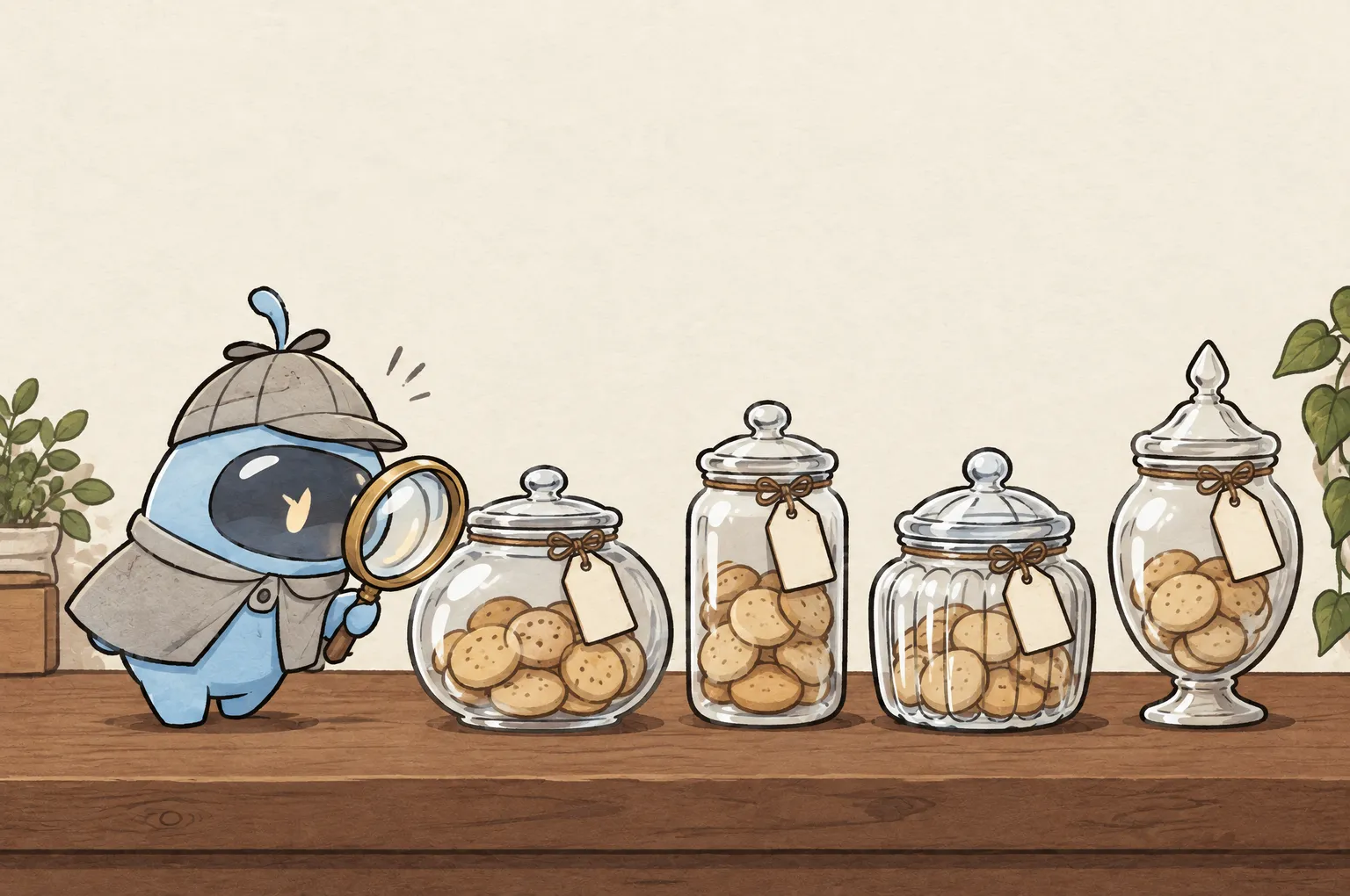 Peeky, a small blue detective in a deerstalker cap, stands at a wooden counter beside a row of four glass cookie jars of different shapes, each with a blank label tag. He holds his magnifying glass up to the nearest jar.