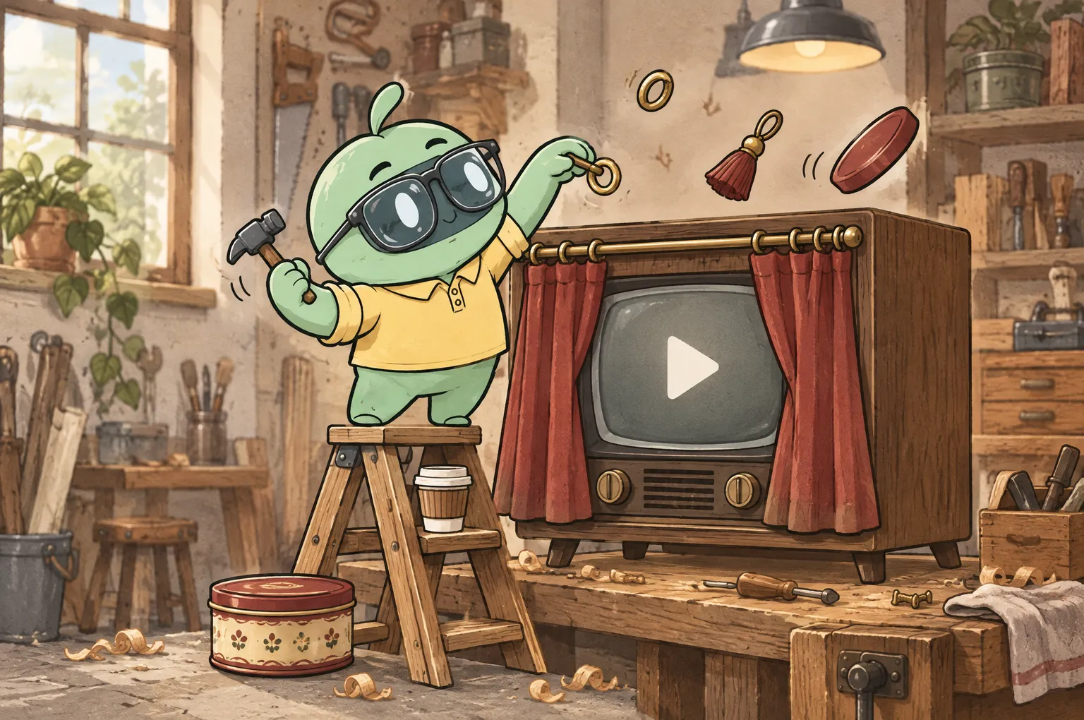 Cheeky, a mint-green founder in a yellow polo shirt and big glasses, stands on a stepladder with a hammer, hanging red curtains on a rail across an old wooden television that shows a plain play triangle. A curtain ring, a tassel and a tin lid fly through the air, and a coffee cup sits on the ladder step.